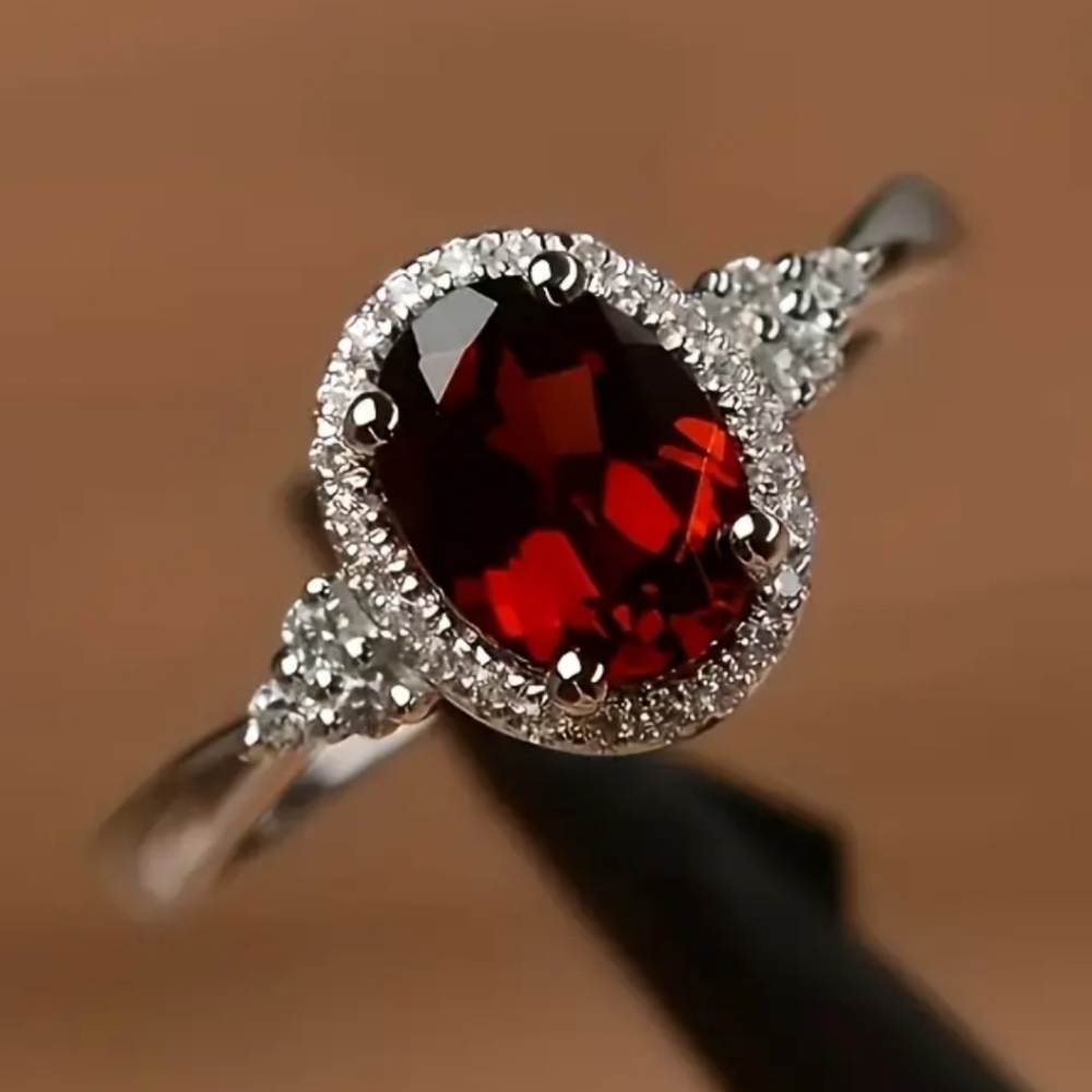 New Red Gemstone Halo Ring Silver Tone Statement Ring Promise Ring Various Sizes - Picture 2 of 4